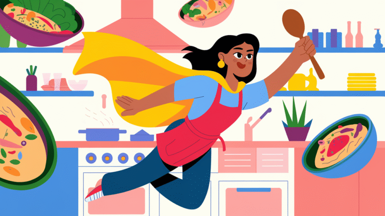 Ein buntes Cartoonbild von einer Frau mit Kochlöffel in der Hand, die mit Cape durch die Küche fliegt.