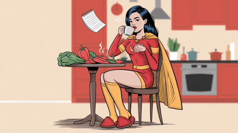 Eine Comiczeichnung von einer Superheldin, die an einem Tisch sitzt.