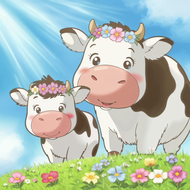 Eine Mangazeichnung von zwei Kühen. Eine Mamakuh mit ihrem Kälbchen. Beide haben ein Blumenkranz auf dem Kopf.