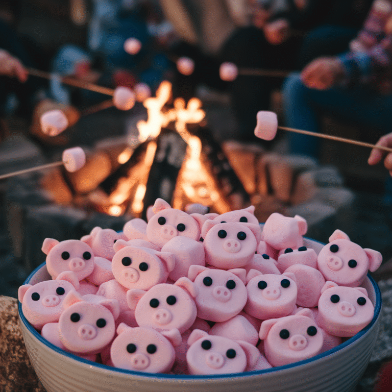 Im Vordergrund eine Schüssel mit Marshmallows im Schweinchenlook. Im Hintergrund Menschen am Lagerfeuer.