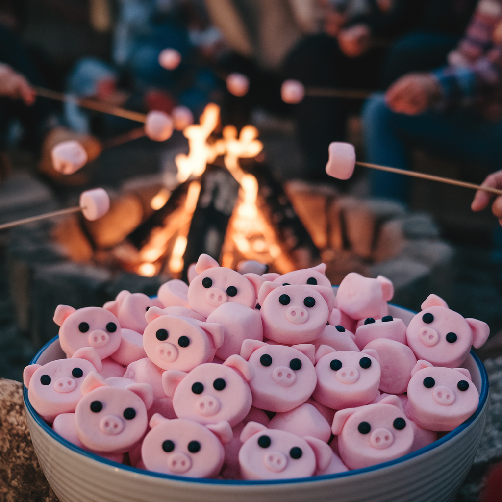 Im Vordergrund eine Schüssel mit Marshmallows im Schweinchenlook. Im Hintergrund Menschen am Lagerfeuer.