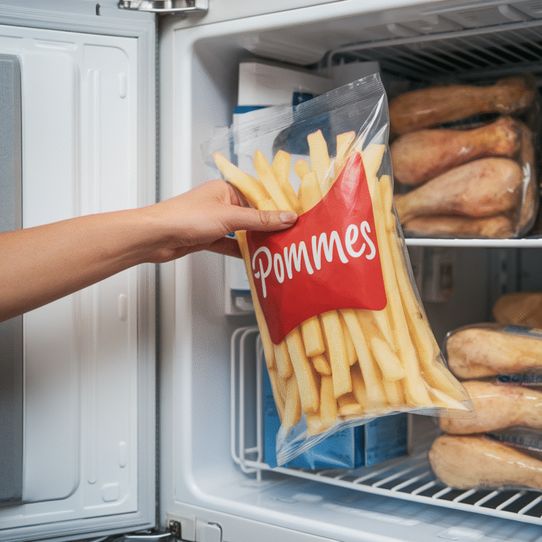 Eine Hand, die eine Packung Pommes aus dem Tiefkühler holt. Im Tiefkühler liegen viele Fleischpackungen.