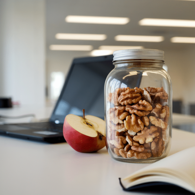Ein Einmachglas mit geknackten Walnüssen und daneben ein aufgeschnittener Apfel. auf einem Schreibtisch mit einem Laptop und Notizbuch