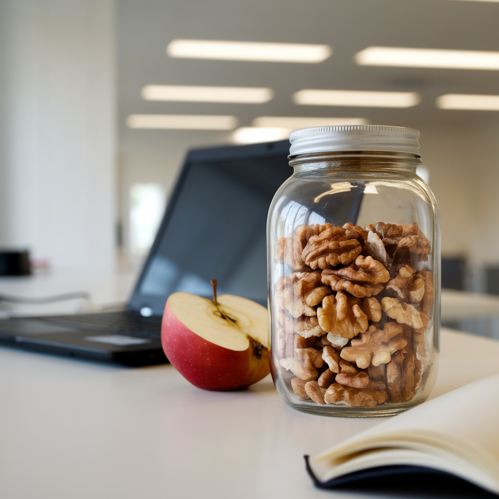 Ein Einmachglas mit geknackten Walnüssen und daneben ein aufgeschnittener Apfel. auf einem Schreibtisch mit einem Laptop und Notizbuch