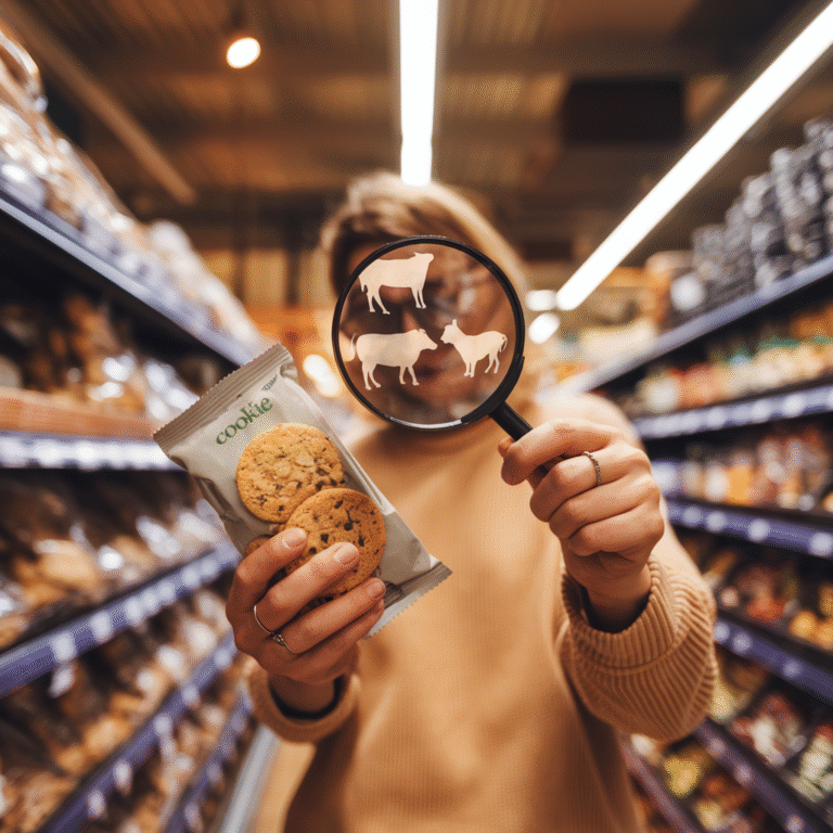 Mensch mit Lupe im Supermarkt mit einer Packung in der Hand. In der Lupe sind die Schatten von Tieren angedeutet.