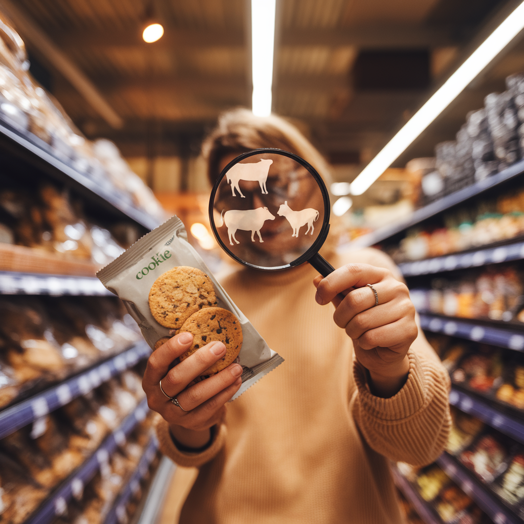 Mensch mit Lupe im Supermarkt mit einer Packung in der Hand. In der Lupe sind die Schatten von Tieren angedeutet.