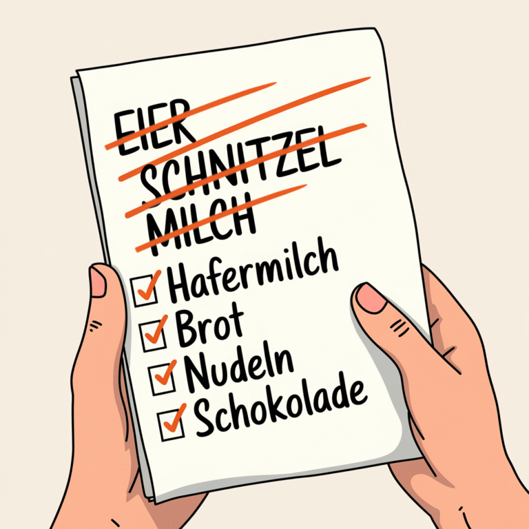 Gezeichnete Hände halten eine Einkaufsliste auf der Eier, Schnitzel und Milch durchgestrichen sind. Dafür sind Hafermilch, Brot, Nudeln und Schokolade abgehakt.