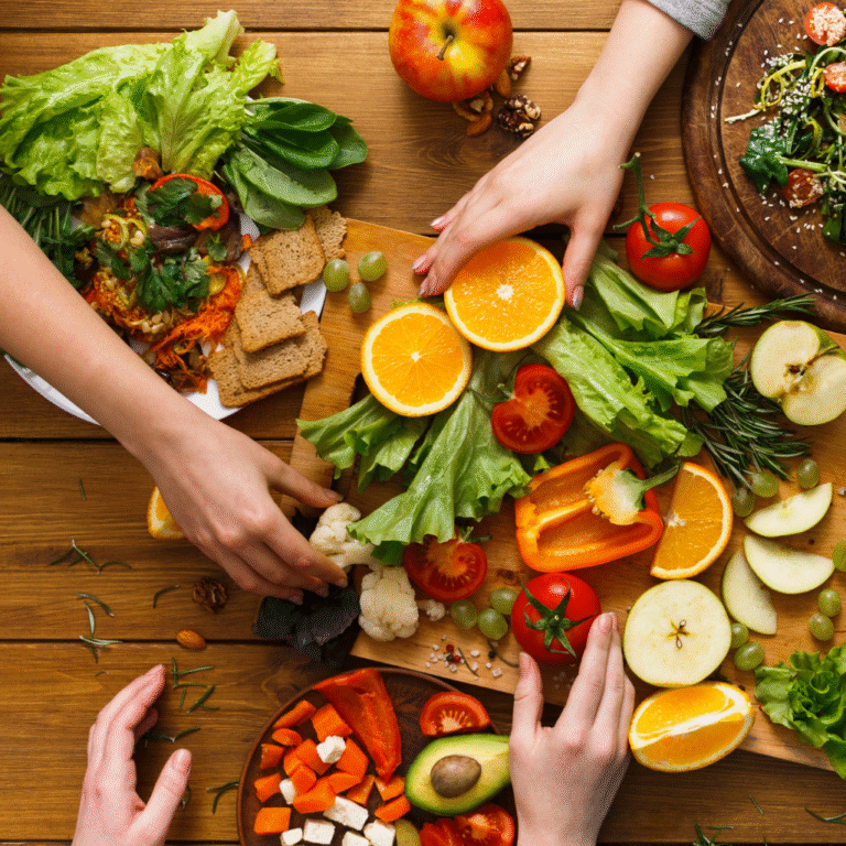 Ein bunt gedeckter Tisch mit frischen Obst und Gemüsesorten. Verschiedene Hände greifen zu.