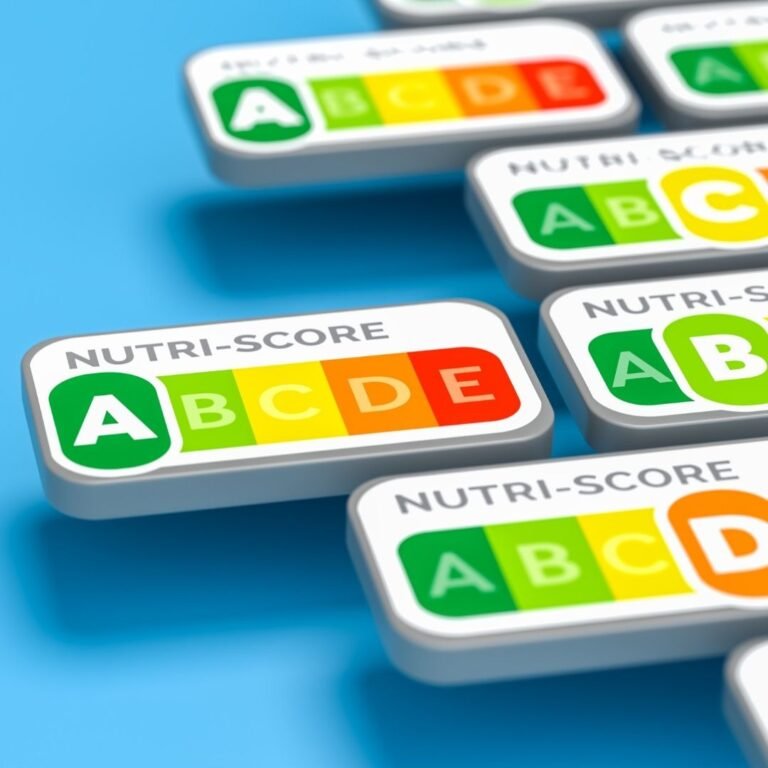 Ein hellblauer Hintergrund auf dem einzelne Nutri-Score-Label schweben.