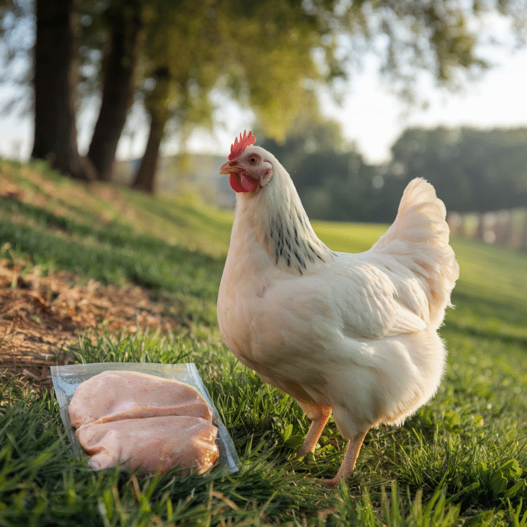 Ein weißes Huhn auf einer grünen Wiese. Daneben ein abgepacktes Stück Fleisch.