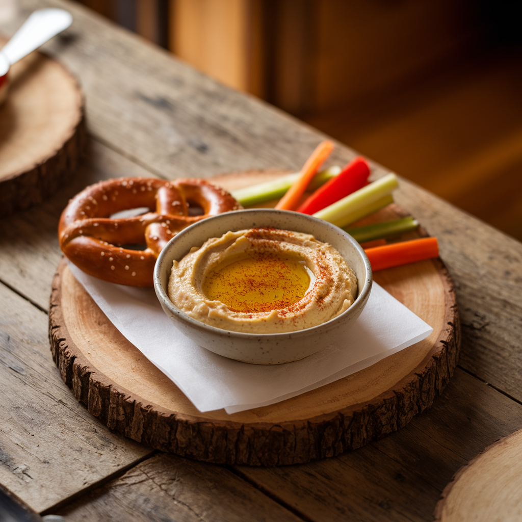 Eine Schale mit Hummus auf einem Holzbrett. Dazu eine Brezel und Gemüsesticks.