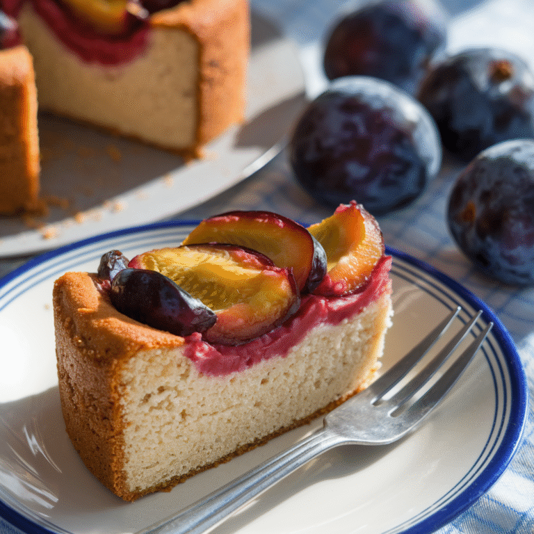 Pflaumenkuchen-Stück auf einem Teller mit Gabel, daneben ein paar frische Pflaumen.
