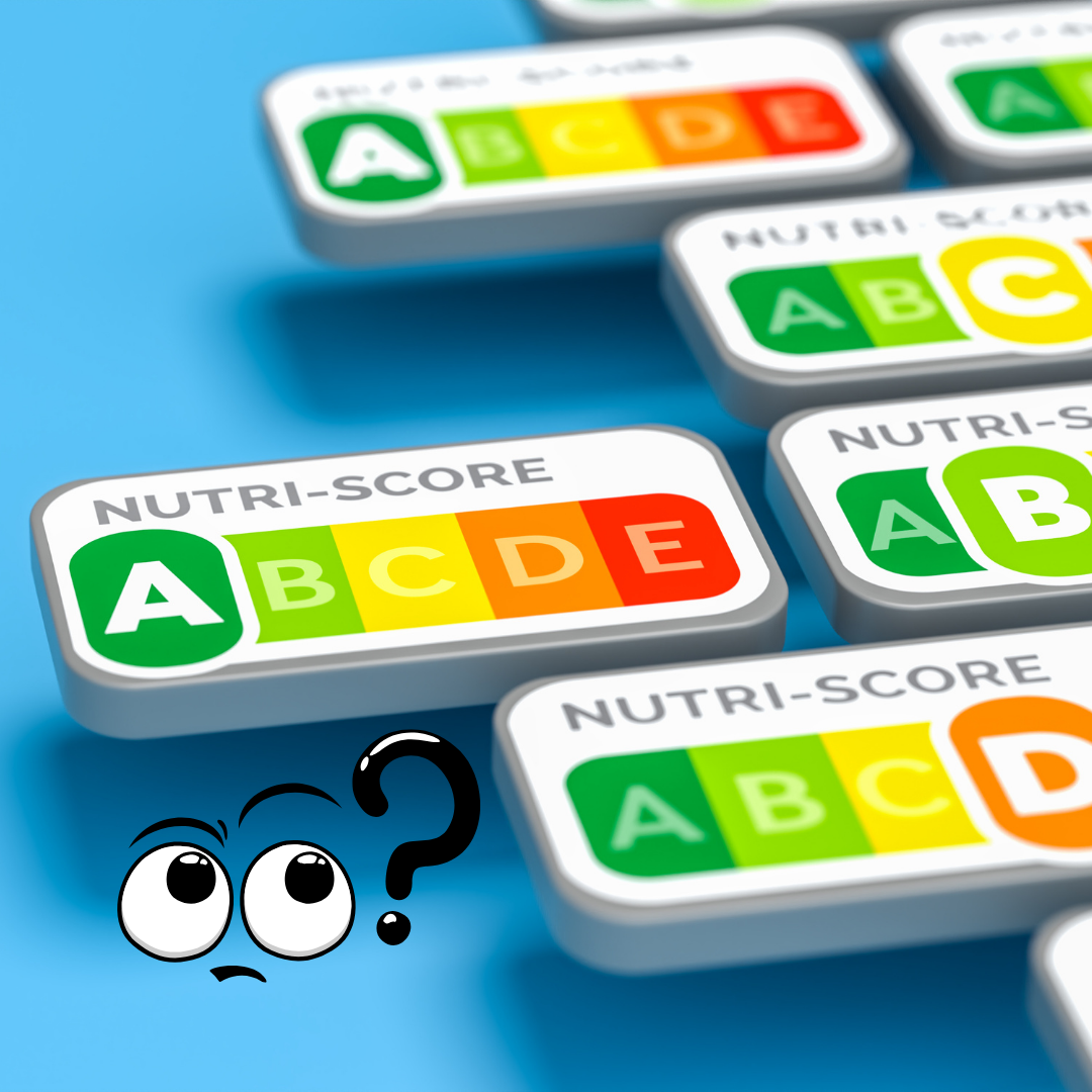 Ein hellblauer Hintergrund auf dem einzelne Nutri-Score-Label schweben. Links unten in der Ecke sind zwei Cartoon-Augen neben einem Fragezeichen.