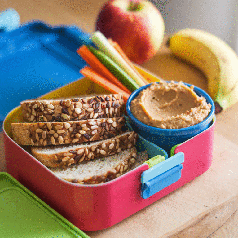 Eine bunte Pausenbox mit Vollkornbrot, Hummus, Gemüsesticks und Obst.