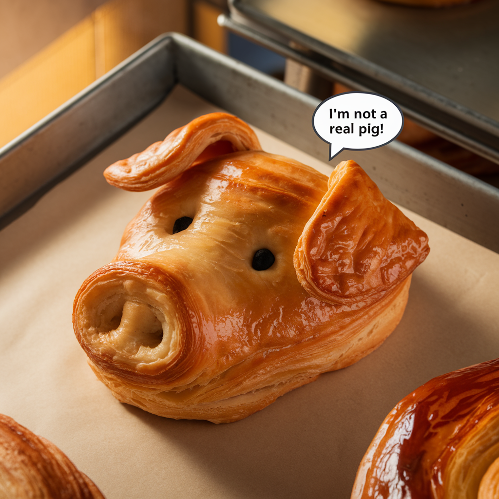 Blätterteig, in Form eines Schweinekopfs mit der Sprechblase "I'm not a real pig!"
