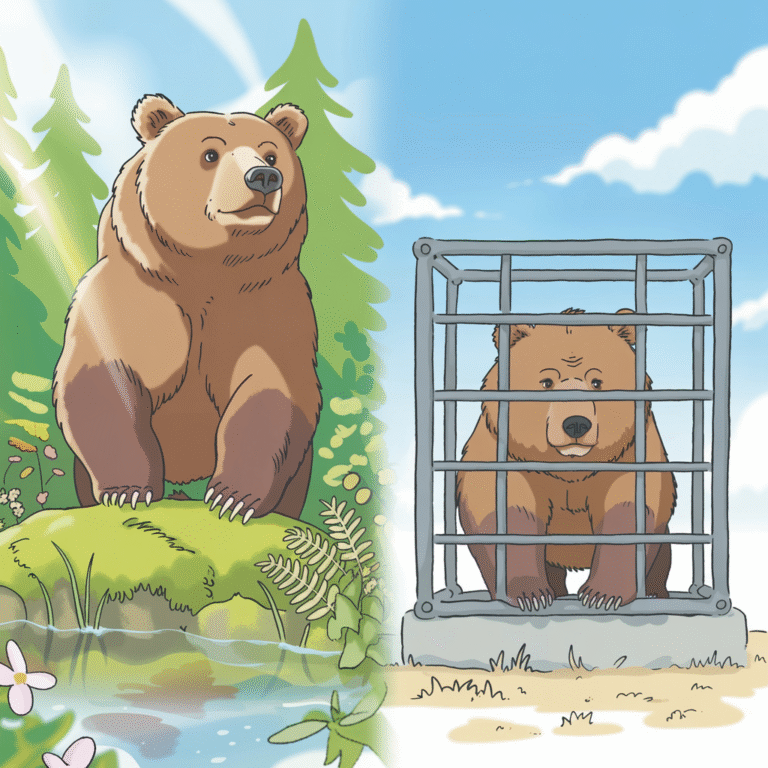 Zwei Bären, gezeichnet, farbig, links ein Braunbär in Freiheit, rechts ein trauriger Bär im Käfig